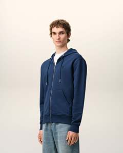 Sweat-shirt à capuche zippé bleu marine pour homme, coupe oversize, en coton French Terry, couleur unie, décontracté, pour l'été, avec poche avant et logo. - Product Image 4