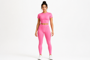 Ensemble de pantalons de sport et de yoga personnalisés avec logo, respirant, séchage rapide, t-shirts à manches courtes, leggings en spandex et nylon pour femmes 2026 - Product Image 2