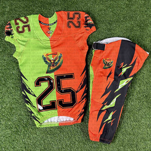 Uniformes de football américain personnalisés, broderie et tissu sergé brillant, ensemble maillot et pantalon Rexion, sublimation néon orange et vert - Product Image 1