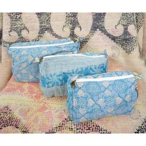 Indian kantha hand block print cotton cosmetic bag Makeup pouch set of three Accessory case Women's travel bag Handmade Kantha - Product Image 4