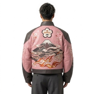 Men's <b>Pink</b> Leather Bomber <b>Jacket</b> With Cherry Blossom Embroidery And Mount Fuji Design Spring Japan Style Turn-down Collar Zipper - Product Image 2