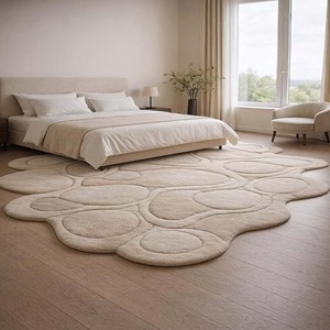 Tapis contemporain tufté à la main à motif galet, beige, forme organique, tapis de designer doux, décoration moderne pour salon et chambre à coucher - Product Image 1