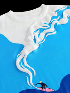 T-shirt décontracté pour homme, bleu, à manches courtes, col rond, imprimé surf, séchage rapide, en polyester tricoté, coupe classique, style jersey - Product Image 5