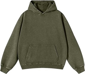 Oversized Hooded Sweatshirt Solid Olive Green Cotton French Terry Pocket Casual <b>Pullover</b> <b>Men</b> Autumn Wear Regular Fit - Product Image 1
