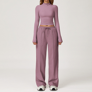Conjunto de Yoga de 2 Piezas para Mujer, Color Sólido, Sudadera con Cuello Redondo, Pantalones Largos con Cordón Ajustable, Transpirable, Ropa Deportiva - Product Image 4