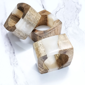 Attractive Design White <b>Epoxy</b> Resin & Acacia Wood Mixing material Napkin Ring Dinner <b>table</b> Decor Item At Nice Price - Product Image 2
