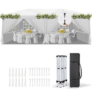 Tenda a Baldacchino Istantanea 3x6m con Telaio in Acciaio Bianco, 6 Pannelli Laterali, 2 Porte, 4 Finestre in Rete, Rivestimento 28/22mm e 10x20mm - Product Image 3