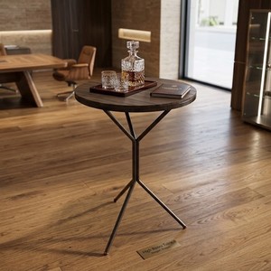 Industrial Round Stone Top Coffee <b>Table</b> with Minimalist Black Metal Tripod Base for Modern Living Room <b>D</b>écor - Product Image 2
