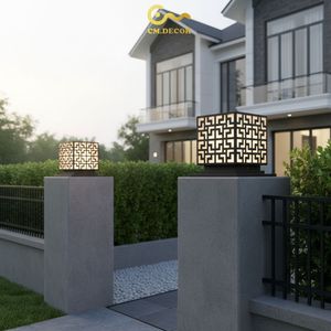 Lampe de poteau LED design clé grecque Vietnam CM Decor pour extérieur, villa, jardin, noire, E27, IP65, en acier, AC 220V, 12 pouces - Product Image 2