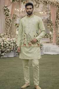 Conjunto de Kurta Koti de Satén Malai Premium para Hombre con Bordados Elaborados y Pijama - Product Image 5