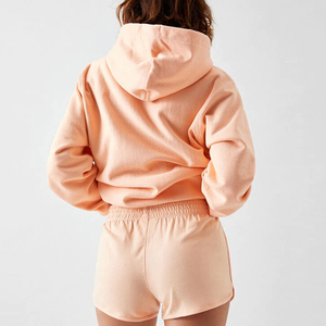Conjunto de sudadera con capucha para mujer, pantalones cortos de algodón de color liso, corte holgado, informal, transpirable, de primavera, con cintura elástica y manga larga - Product Image 2