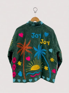 Hand Embroidered Velvet <b>Jacket</b> With Sun Palm Tree Pattern <b>Mandarin</b> <b>Collar</b> Full Sleeve Summer Vacation Style Women's Coat - Product Image 2