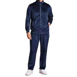 Survêtement bleu marine pour homme, coupe droite, couleur unie, fermeture éclair, poches latérales, style décontracté, respirant, en velours - Product Image 3