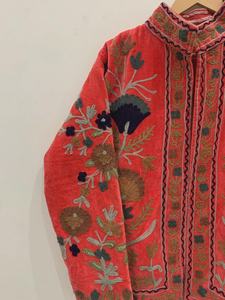 Ethnic Style Winter <b>Jacket</b> <b>Velvet</b> Suzani Embroidered Short Coat Festival Uzbek Duster Floral Outerwear Cotton Filling Material - Product Image 2
