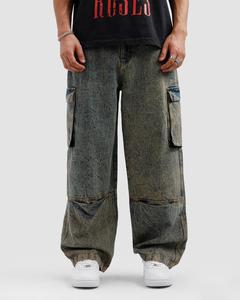 Pantalon cargo pour homme, taille mi-haute, coupe droite, respirant, patchwork, délavage à la pierre, longueur intégrale, style hip-hop, poches, fermeture à cordon - Product Image 1