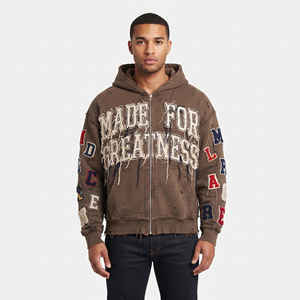 Sweat à capuche zippé pour homme en molleton 550 g/m² à épaules tombantes, effet vieilli et brodé - Product Image 5