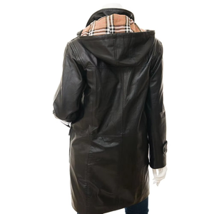 Women's Genuine <b>Leather</b> Breathable Hooded Trench Coat Horn Buttons Full Sleeve Long Utility Style Autumn Wear Waterproof Cotton - Product Image 2