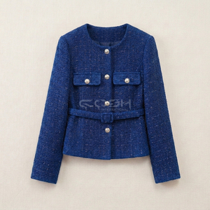 Cosh International Sorority Sisterhood Greek Apparel Delta Sigma <b>Women</b> Elegant <b>Tweed</b> Blue Crop <b>Jacket</b> With Button Closure - Product Image 1