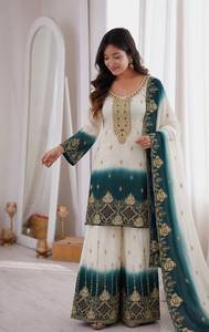 Conjunto de top de georgette con bordado de diseño, pedrería Kundan y relleno bicolor, con pantalón y dupatta, completamente cosido. - Product Image 3