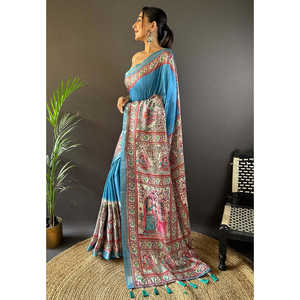 Sari en soie Tussar bleu curieux imprimé Madhubani avec bordure tissée Zari, vêtements indiens et pakistanais, Elite Weaves 500g - Product Image 1