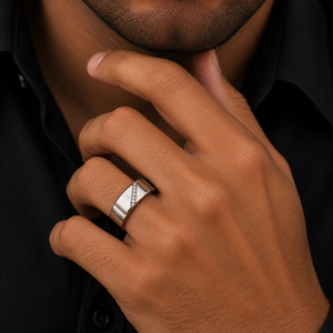 925 Sterling <b>Silver</b> <b>Mens</b> Diagonal Diamond Accent <b>Ring</b> High Polish Modern Minimalist Band Design Wedding Party Daily Wear Fine Je - Product Image 1
