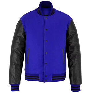 Blouson universitaire pour homme à col montant, en polaire bleue avec manches en cuir noir, très populaire, chauffant pour l'hiver, idéal pour les jeunes et les adolescents - Product Image 1