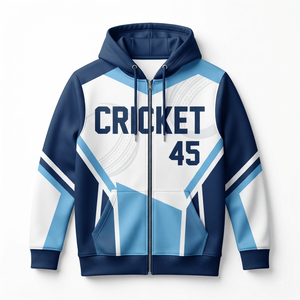 Cricket 45 <b>Zip</b>-<b>Up</b> Hoodie Men's Blue <b>White</b> Sublimation Print Sporty Regular Fit Breathable Autumn Wear - Product Image 1