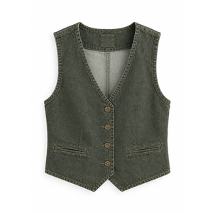 <b>Women's</b> Vintage Wash Denim <b>Waistcoat</b> with flap pockets, Low MOQ Private Label Orders for US Apparel Retailers - Product Image 1