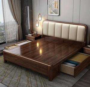 Lit simple king size en bois massif, minimaliste, avec rangement double, panneau en cuir souple, mobilier de chambre personnalisable, matériaux métalliques - Product Image 3