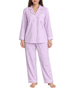 Custom Lavender Check <b>Women</b> Pajama Set Long Sleeve Button Down Nightwear Soft Breathable Cotton Sleepwear Two Piece Lounge Set - Product Image 1