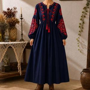 Vestido Maxi Boho Premium de Algodón con Bordado Rojo, Manga Larga, Corte en A, Holgado, Cuello con Lazo, Estilo Vintage, Ropa Casual de Primavera - Product Image 6