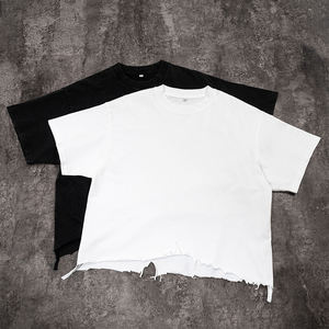 Men's Plus Size Vintage Wash Black O-Neck Short Sleeve T-Shirt Distressed <b>Raw</b> Hem Casual Tee - Product Image 3
