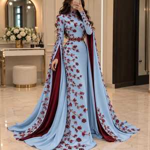 Robe de soirée ornée pour femme, robe de mariée de créateur, bordeaux, broderie florale perlée, longueur ras du sol, manches cape longues, col en V, coupe ample - Product Image 5