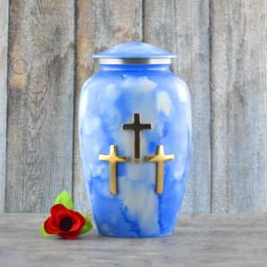 "Elegant Amber Marble Texture Metal Cremation Urn for Human Ashes - Handcrafted <b>Memorial</b> Jar with Triple Silver Cross Engraving - Product Image 4