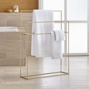 Toallero de pie de doble nivel con acabado dorado, organizador de almacenamiento para baño, diseño metálico de estilo moderno, para ropa de sala de estar - Product Image 3