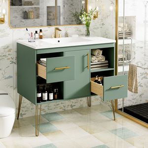 Mobile Bagno Moderno da 36 Pollici Autoportante con 2 Cassetti e 2 Vani Portaoggetti, Set Combinato con Lavabo in Resina - Product Image 3