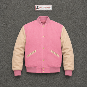 Chaqueta universitaria de lana rosa claro personalizada con mangas blancas crema para hombre, chaqueta bomber de béisbol Letterman premium al por mayor, clásica - Product Image 5