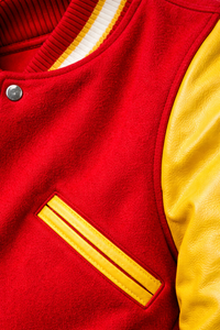 Red Varsity Jacket Cow Skin Sleeves Turn-down Collar Button Front Preppy Style Regular Fit Winter Outerwear <b>Wool</b> Body Breathable - Product Image 3