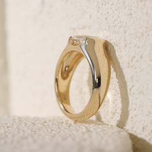 2.5ct Oval <b>Step</b> Cut Lab Grown Diamond Ring 14K Yellow Gold <b>Half</b> Bezel Set Engagement Ring Tapered Wide Band Lab Created Diamond - Product Image 2