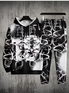 Chándal con estampado geométrico en blanco y negro para hombre, con capucha, cierre con cordón, bolsillos laterales, poliéster, ropa de calle, otoño - Product Image 4