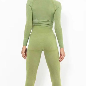 Conjunto de Top Corto y Leggings de Yoga sin Costuras para Mujer, Color Verde Sólido, Cuello Redondo, Manga Larga, Cintura Alta, Ropa Deportiva para Yoga - Product Image 6