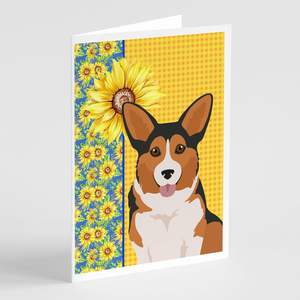 Summer Sunflowers Sable Pembroke Corgi Whimsical A7 Size <b>5x7</b> Blank Note Cards Pack 8 with <b>Envelopes</b> for Greetings - Product Image 1