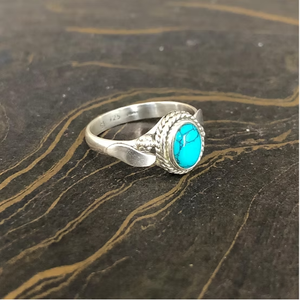 Bohemian Handcrafted Silver 925 <b>Ring</b> Featuring Blue Oval <b>Turquoise</b> Stone - Antique Style Everyday Stacking Jewelry - Product Image 2