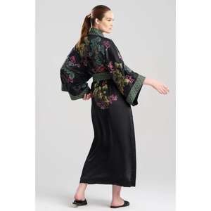 Robe longue de luxe en satin noir uni pour femme, style japonais, taille naturelle, avec ceinture, manches longues, tenue décontractée - Product Image 2