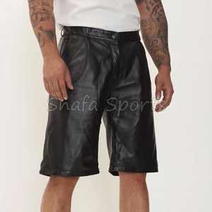 Shorts en cuir de vachette noir de haute qualité, confortables, respirants, coupe-vent, écologiques, taille mi-haute, décontractés, avec fermeture éclair et cordon de serrage - Product Image 4