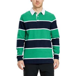 Men's Long Sleeve Striped Polo Shirt Green Navy White Cotton Turn-<b>down</b> Collar Regular Fit All Seasons - Product Image 1
