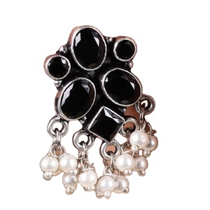 Oxidized <b>Silver</b> Black Stone <b>Dangle</b> <b>Earrings</b> with Pearl Drops Wholesale Bulk | Indian Ethnic ChandBali Style Jewelry | - Product Image 1