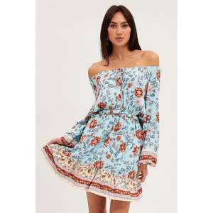 Vestido mini bohemio con estampado floral y hombros descubiertos para mujer, vestido informal de verano de manga larga para la playa - Product Image 2