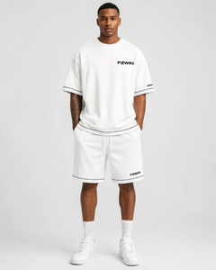 F2WIN Men's White Polyester/Cotton Fleece Quick Dry Seamless Fusing T-Shirt Shorts <b>Set</b> Stand Collar Casual Summer Wear - Product Image 3