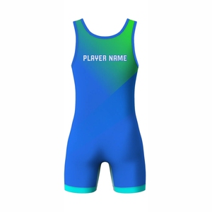 Vente en gros de maillots de lutte unisexes d'été de haute qualité, imprimés par transfert thermique, ajustés, anti-transpiration, dégradé bleu-vert - Product Image 2